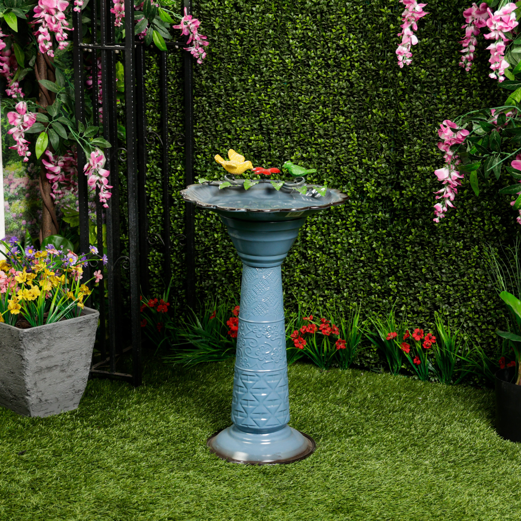 Alpine Corporation ORS112BL Vintage Metal Pedestal Birdbath with Stand, Shallow Bird Bath Bowl for Outside, 28"H, Blue
